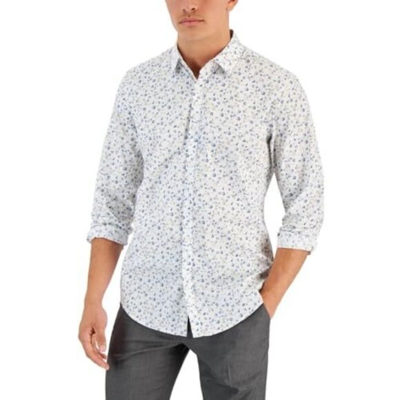 Alfani Mens Georgie Floral Cotton Button-Down Shirt White Size M - Picture 1 of 1